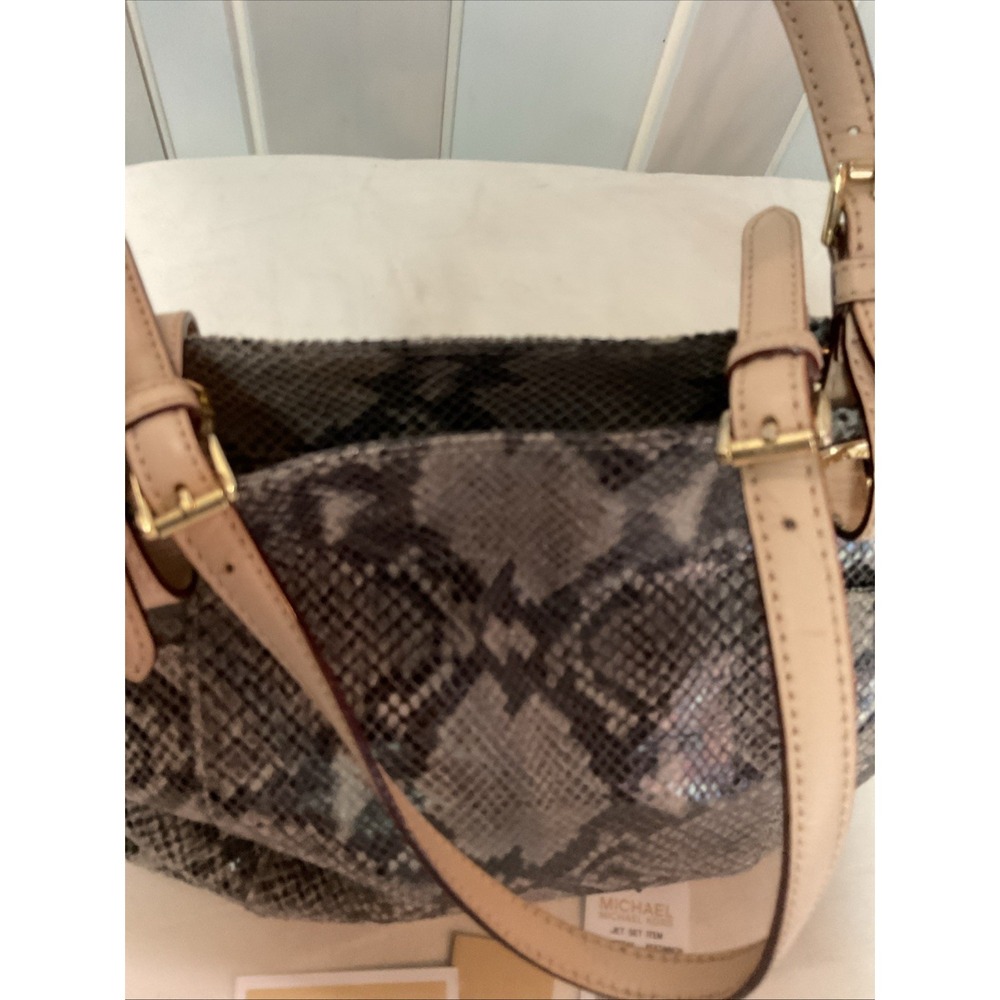 Michael Kors Python Tote Jet Set Tan Leather Shoulder Handbag MK Charm Logo - Picture 7 of 16